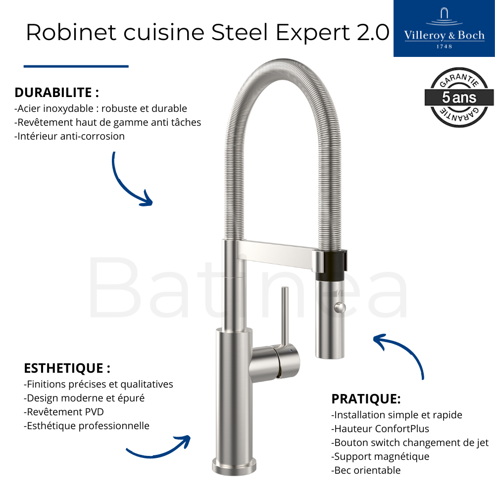 Robinet cuisine VILLEROY ET BOCH Steel expert 2.0 acier massif + nettoyant 2
