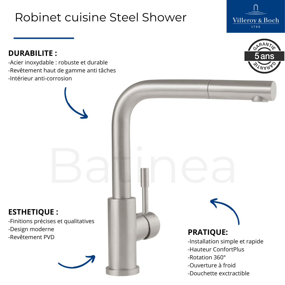 Robinet cuisine VILLEROY ET BOCH Steel Shower acier massif + nettoyant 3