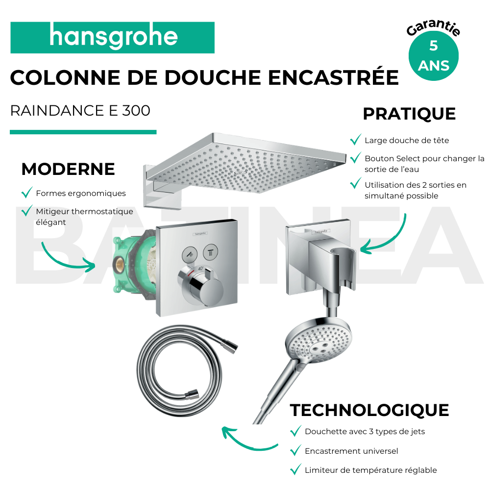 Colonne de douche thermostatique encastrée HANSGROHE Raindance E300 avec mitigeur ShowerSelect 3