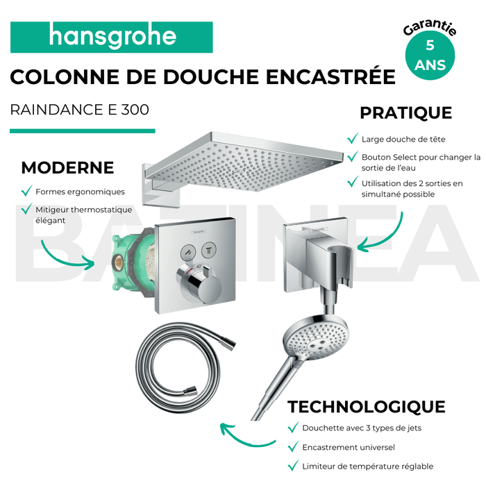 Colonne de douche thermostatique encastrée HANSGROHE Raindance E300 avec mitigeur ShowerSelect 3