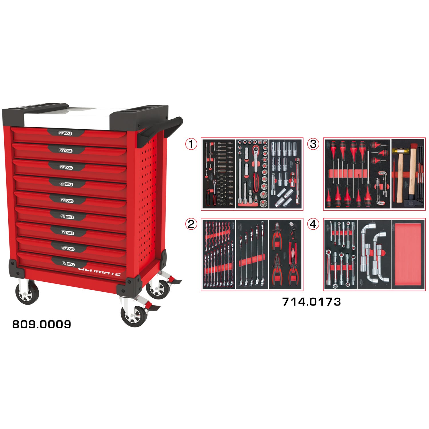 Servantes ULTIMATE 9 tiroirs équipées de 173 outils Rouge 0