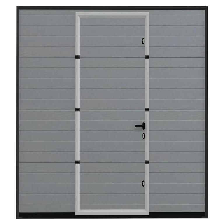 Porte de garage sectionnelle effet rainuré portillon central gris avec moteur Somfy L254 x H213 cm - NORIA 1