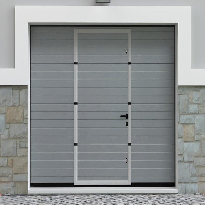Porte de garage sectionnelle effet rainuré portillon central gris avec moteur Somfy L254 x H213 cm - NORIA 0