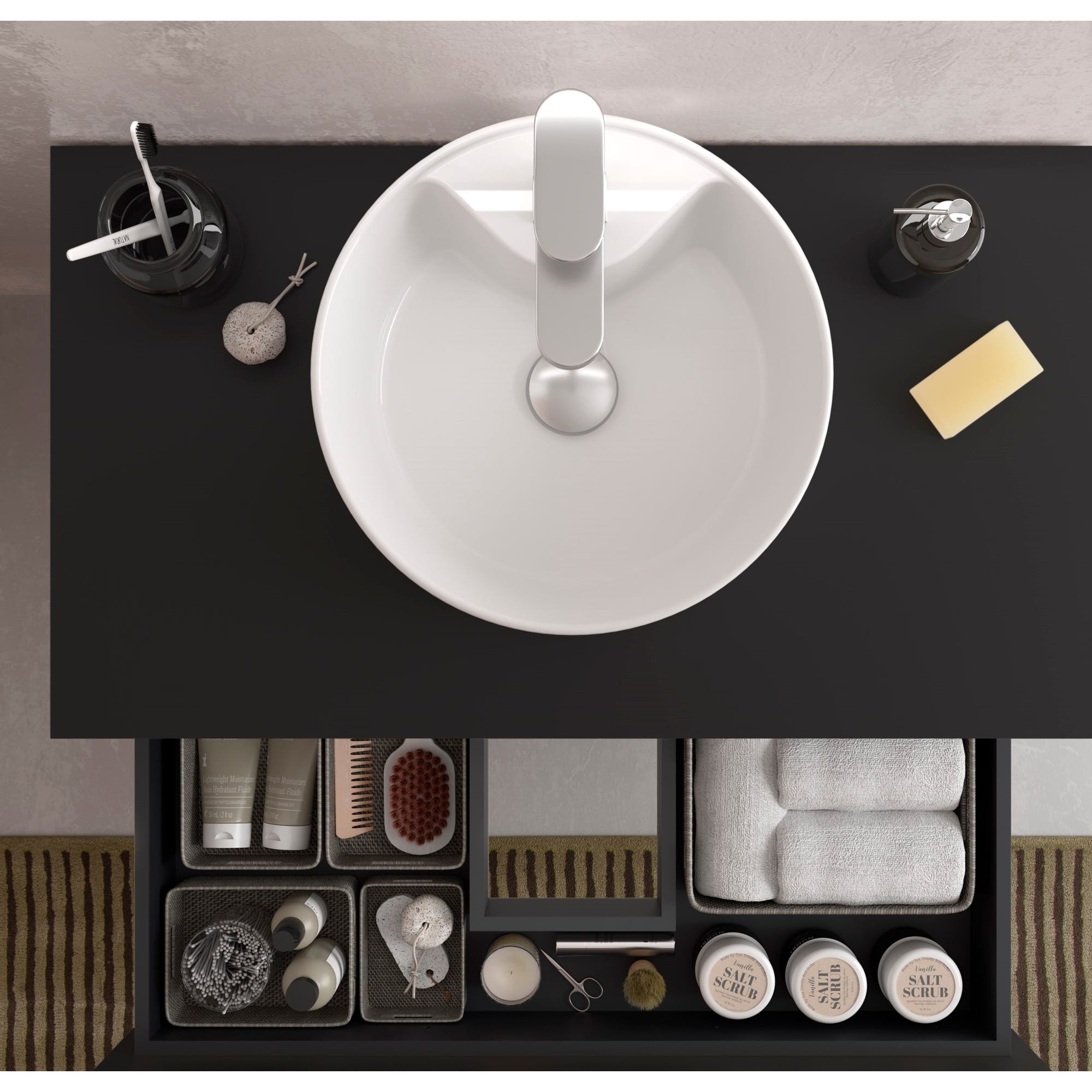 Meuble salle de bain - 70 cm - Avec vasque à poser - Noir mat - A suspendre - KARAIB 2