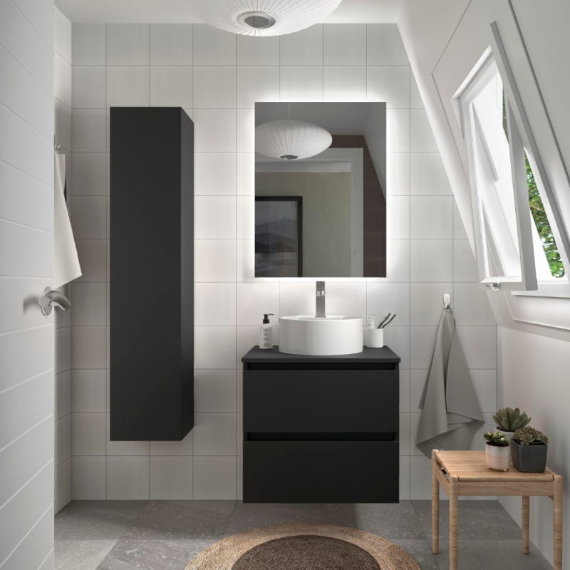 Meuble salle de bain - 70 cm - Avec vasque à poser - Noir mat - A suspendre - KARAIB 0