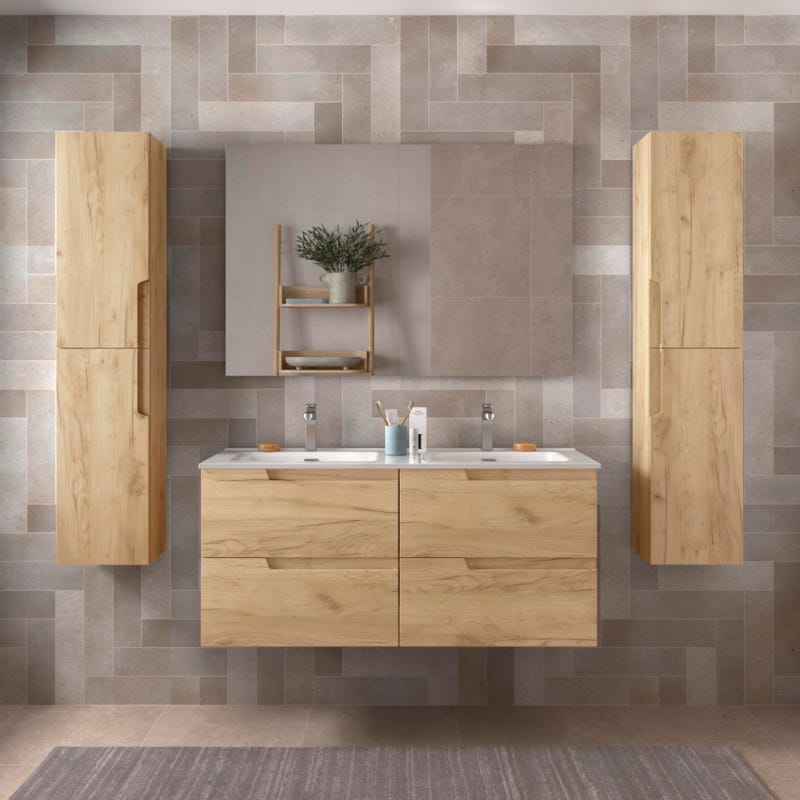 Meuble salle de bain - 120 cm - plan double vasques céramique - Effet chêne brut - A suspendre - TANIDA 0