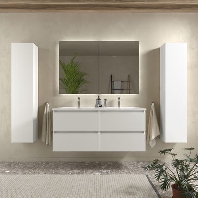 Meuble salle de bain - 120 cm - Plan double vasques céramique - Blanc mat - A suspendre - KARAIB 0