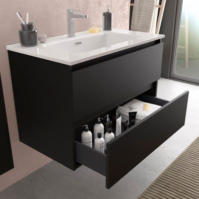 Meuble salle de bain - 80 cm - Avec plan vasque - Noir mat - A suspendre - KARAIB 1