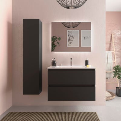 Meuble salle de bain - 80 cm - Avec plan vasque - Noir mat - A suspendre - KARAIB 0