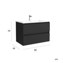 Meuble salle de bain - 80 cm - Avec plan vasque - Noir mat - A suspendre - KARAIB 4