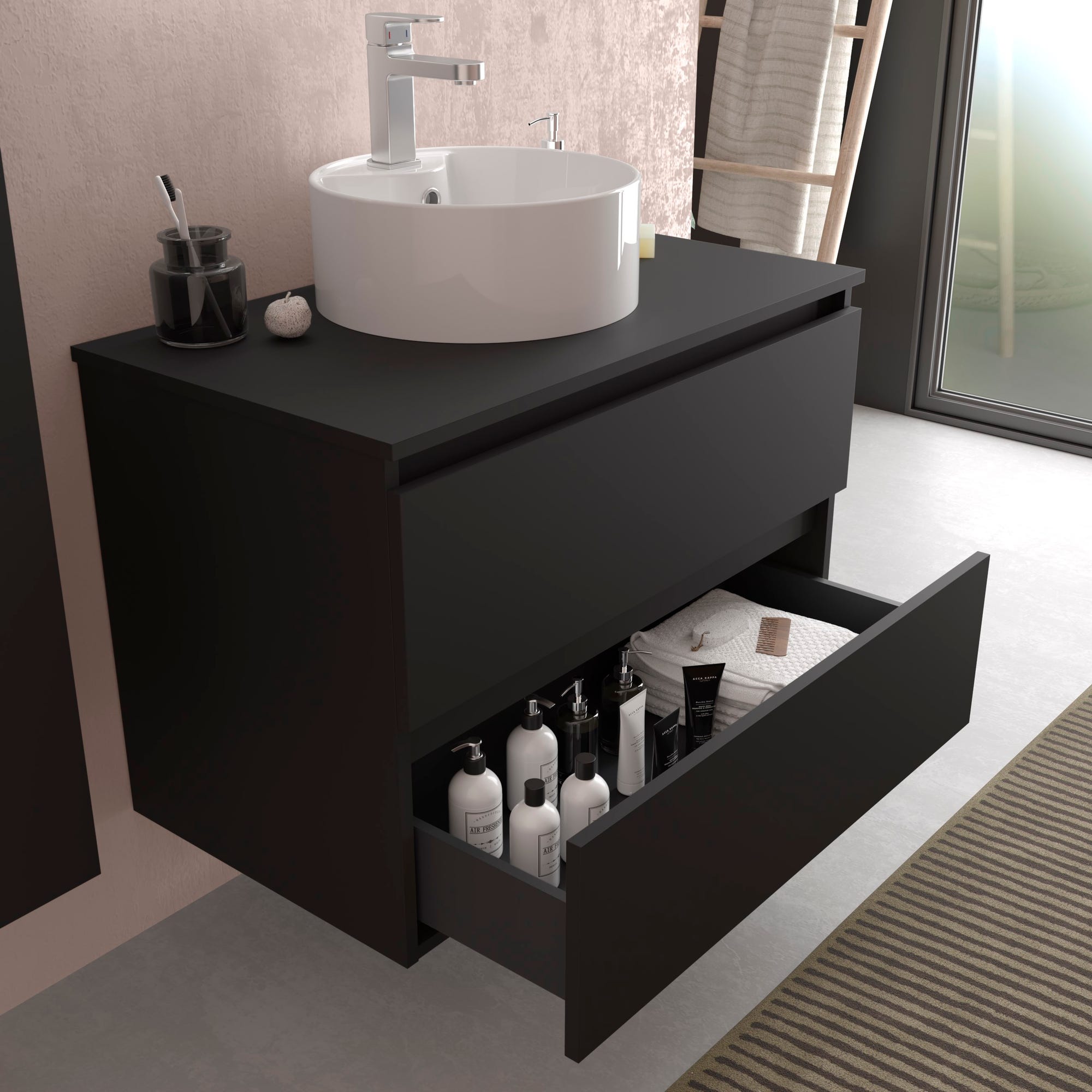 Meuble de salle de bain - 80 cm - Avec vasque à poser - Noir mat - A suspendre - KARAIB 1