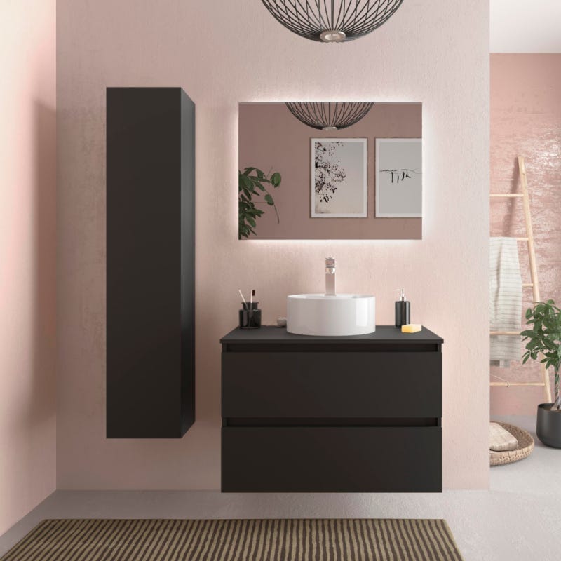 Meuble de salle de bain - 80 cm - Avec vasque à poser - Noir mat - A suspendre - KARAIB 0