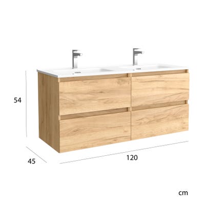Meuble salle de bain - 120 cm - Plan double vasques céramique - Effet chêne brut - A suspendre - KARAIB 4
