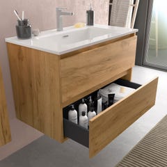 Meuble salle de bain - 120 cm - Plan double vasques céramique - Effet chêne brut - A suspendre - KARAIB 1