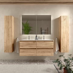 Meuble salle de bain - 120 cm - Plan double vasques céramique - Effet chêne brut - A suspendre - KARAIB 0