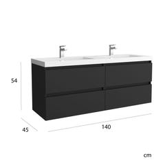 Meuble salle de bain - 140 cm - Plan double vasques charge minérale - Noir mat - A suspendre - KARAIB 3