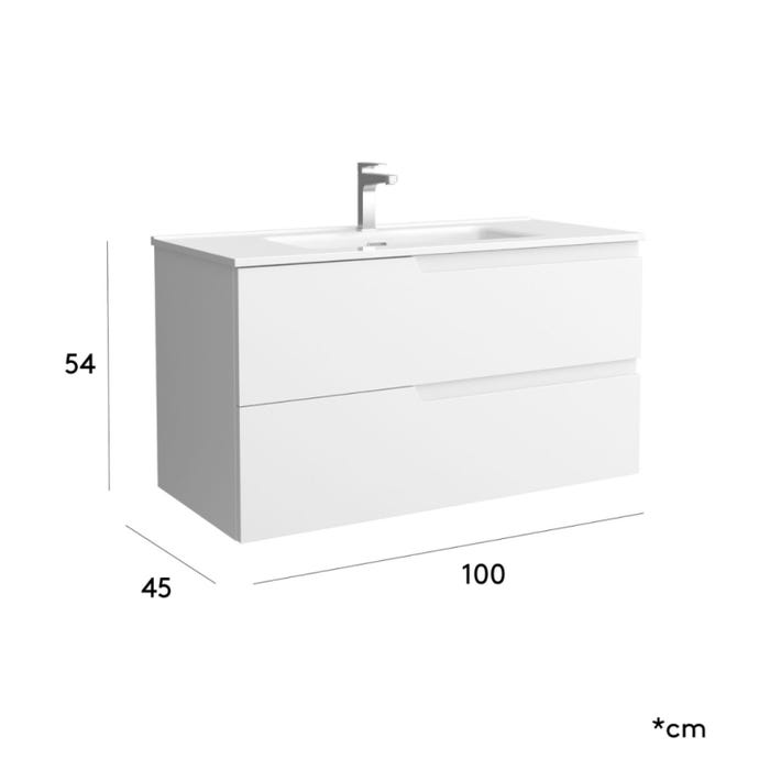 Meuble salle de bain - 100 cm - avec plan vasque - Blanc mat - A suspendre - TANIDA 3