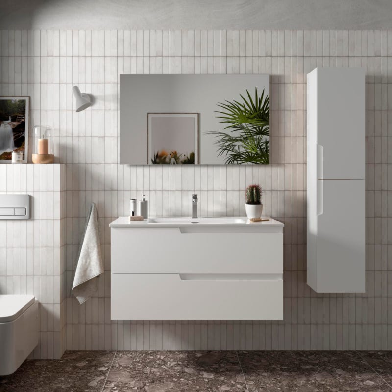 Meuble salle de bain - 100 cm - avec plan vasque - Blanc mat - A suspendre - TANIDA 0