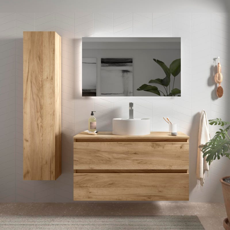 Meuble salle de bain - 100 cm - avec vasque à poser - effet chêne brut - A suspendre - KARAIB 0