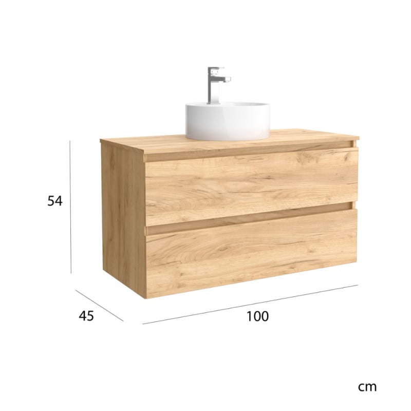 Meuble salle de bain - 100 cm - avec vasque à poser - effet chêne brut - A suspendre - KARAIB 4