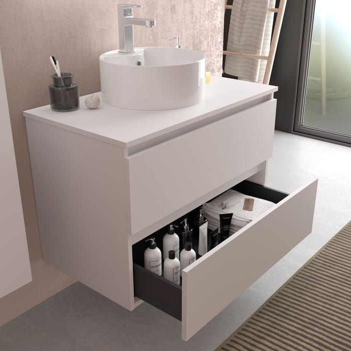 Meuble salle de bain - 100 cm - avec vasque à poser - Blanc mat - A suspendre - KARAIB 1