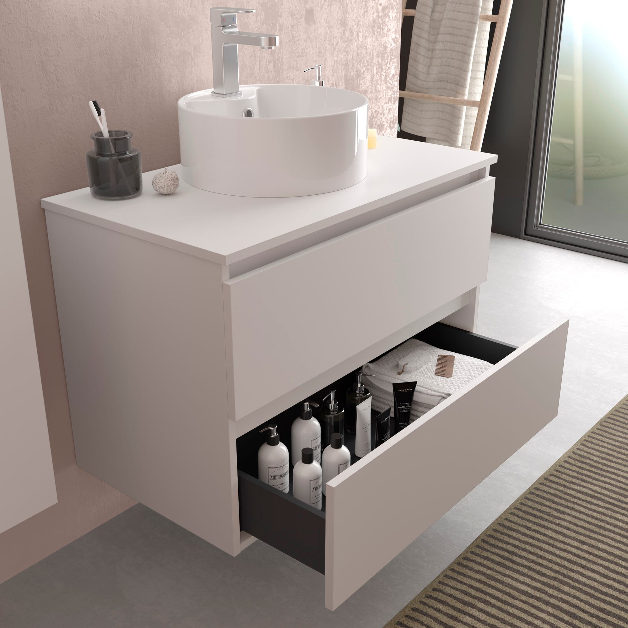 Meuble salle de bain - 70 cm - Avec vasque à poser - Blanc mat - A suspendre - KARAIB 1