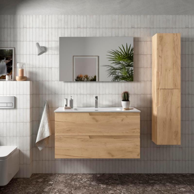 Meuble salle de bain - 100 cm - avec plan vasque - Effet chêne brut - A suspendre - TANIDA 0