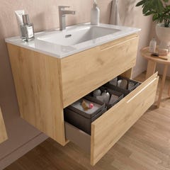 Meuble salle de bain - 100 cm - avec plan vasque - Effet chêne brut - A suspendre - TANIDA 1