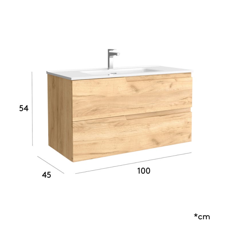 Meuble salle de bain - 100 cm - avec plan vasque - Effet chêne brut - A suspendre - TANIDA 3