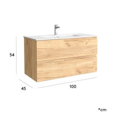Meuble salle de bain - 100 cm - avec plan vasque - Effet chêne brut - A suspendre - TANIDA 3