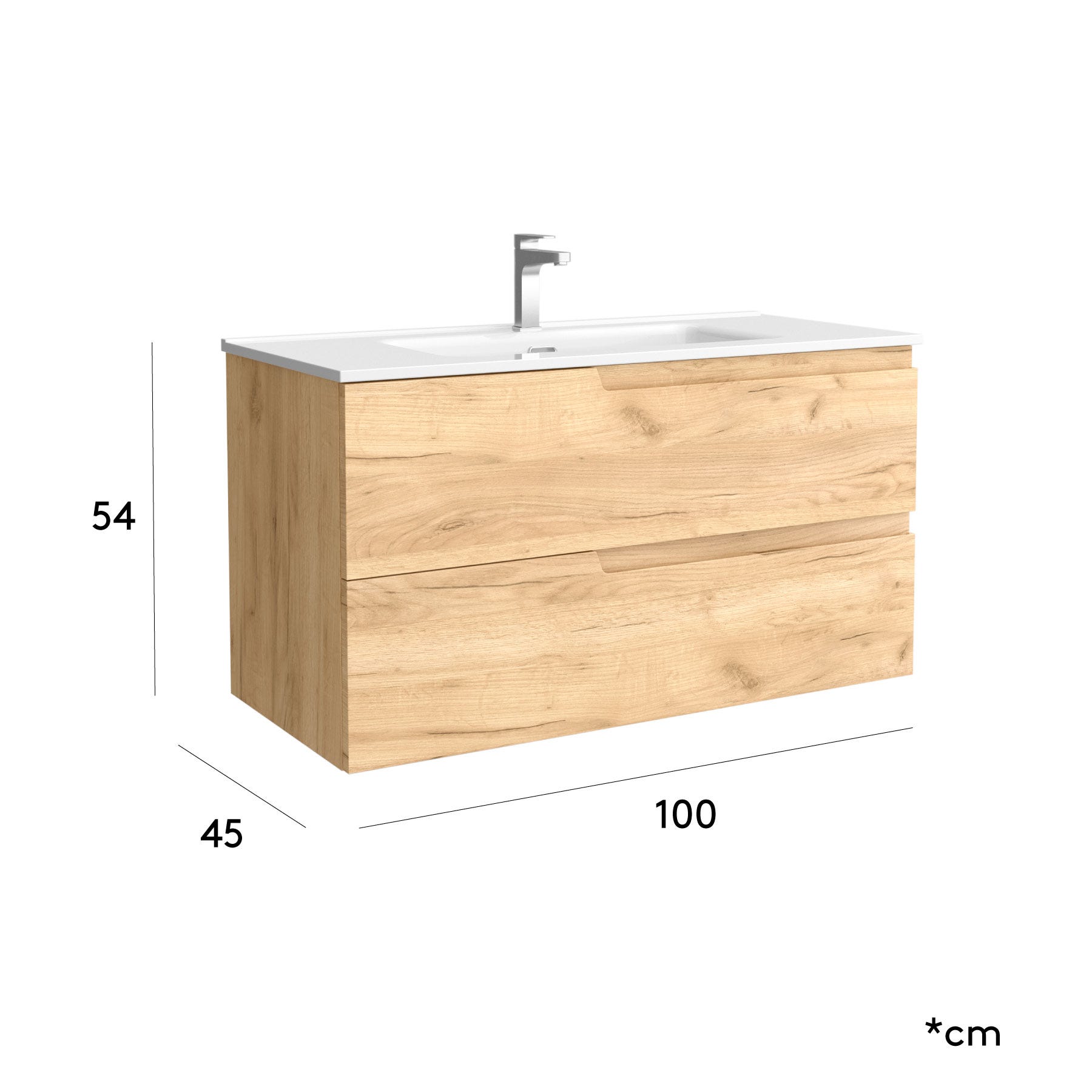 Meuble salle de bain - 100 cm - avec plan vasque - Effet chêne brut - A suspendre - TANIDA 5