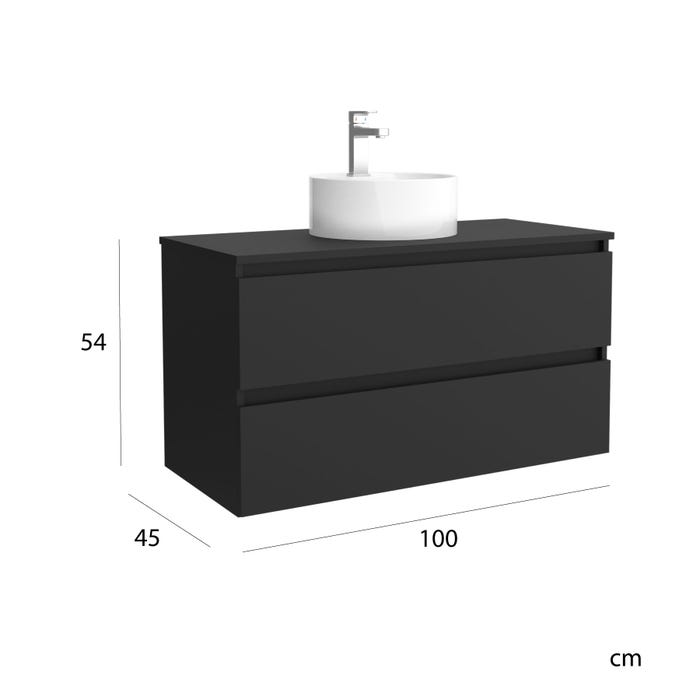 Meuble salle de bain - 100 cm - avec vasque à poser - Noir mat - A suspendre - KARAIB 4