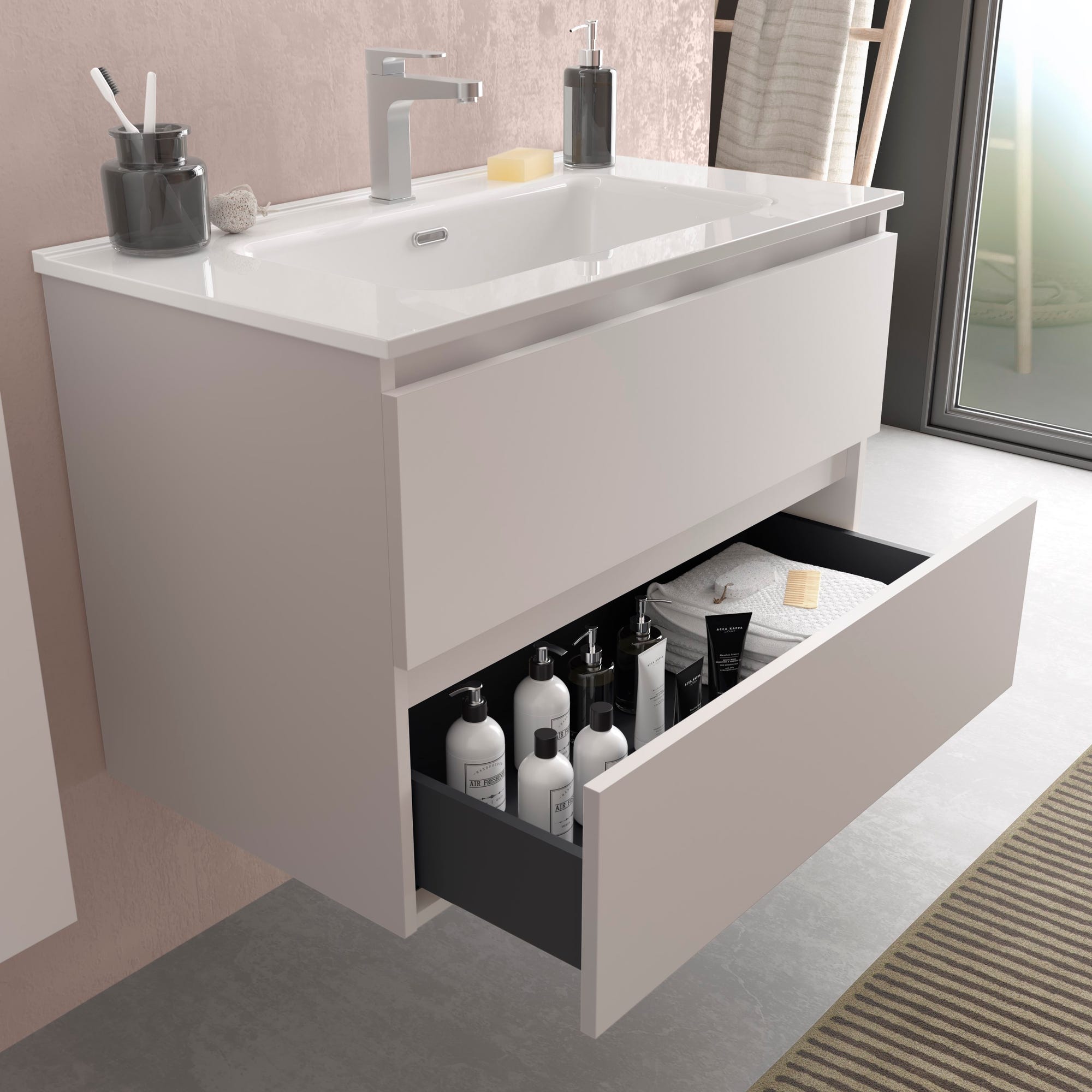 Meuble salle de bain - 70 cm - Avec plan vasque - Blanc mat - A suspendre - KARAIB 1