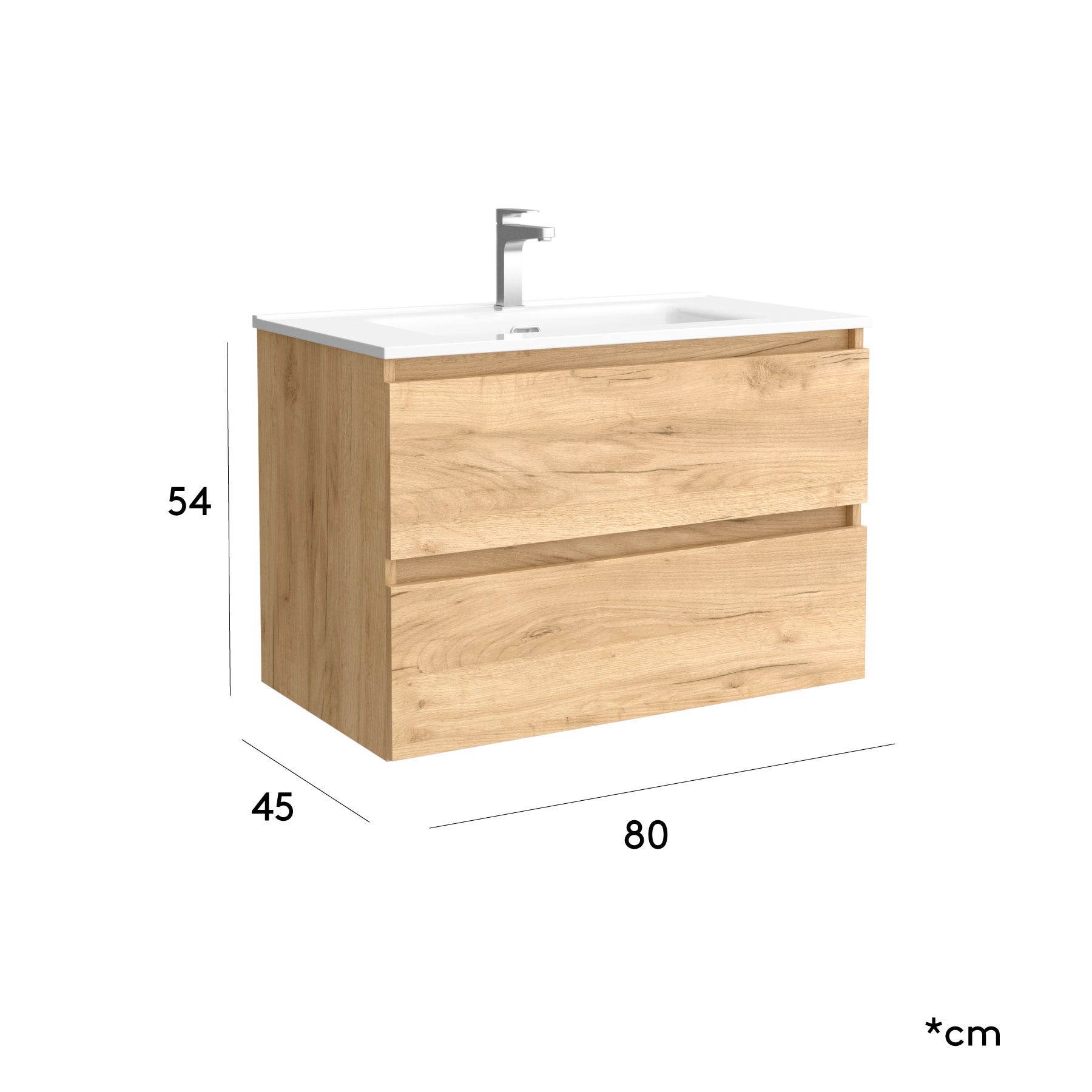 Meuble salle de bain - 80 cm - avec plan vasque - Effet chêne brut - A suspendre - TANIDA 5