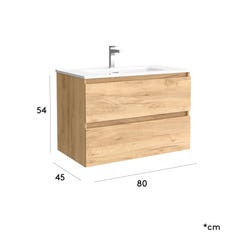 Meuble salle de bain - 80 cm - avec plan vasque - Effet chêne brut - A suspendre - TANIDA 5
