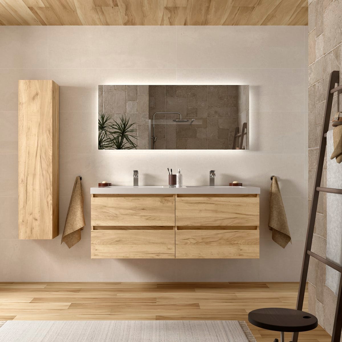 Meuble salle de bain - 140 cm - Plan double vasques charge minérale - Effet chêne brut - A suspendre - KARAIB 0