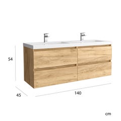 Meuble salle de bain - 140 cm - Plan double vasques charge minérale - Effet chêne brut - A suspendre - KARAIB 3