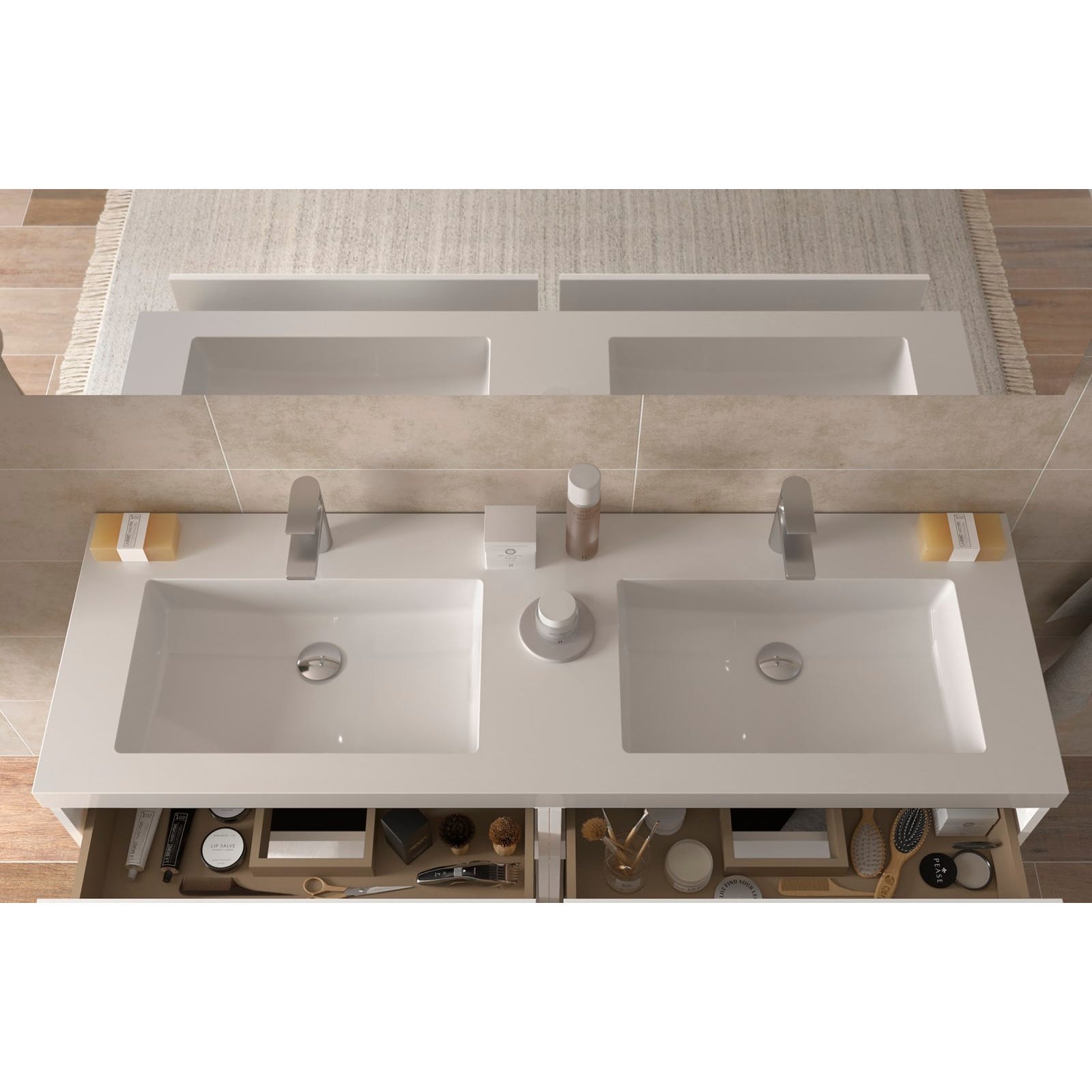 Meuble salle de bain - 140 cm - Plan double vasques charge minérale - Effet chêne brut - A suspendre - KARAIB 2