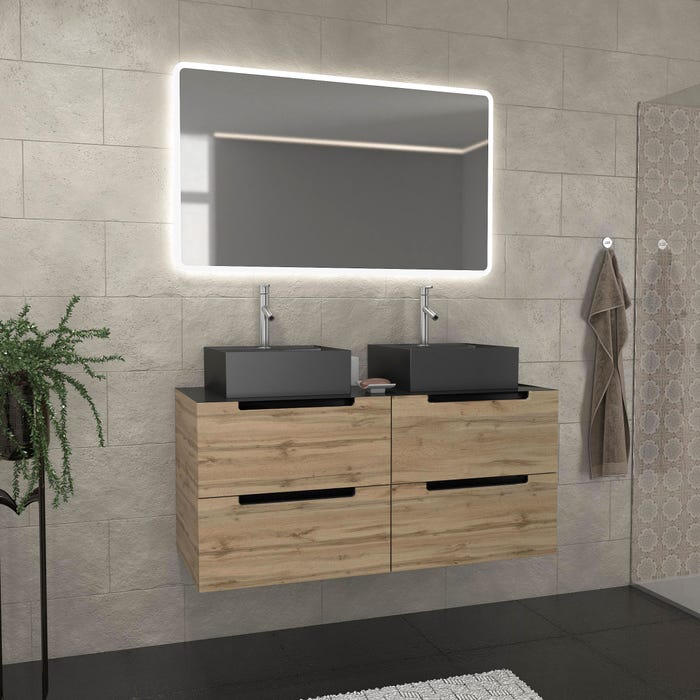 Meuble salle de bains 120cm Chêne et noir, Vasques carrées et Miroir Led 120x70 - OMEGA 0