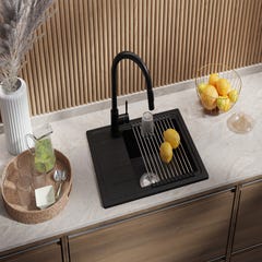 Evier Cuisine en Granit Noir Metallic, 44 x 55 cm, Lavabo 1 bac + Robinet 9700 + Kit de Vidage, Évier à Encastrer de Primagran 1