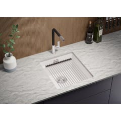 Evier Sous Plan Blanc, 41 x 47 cm, Evier en Granit 1 bac + Robinet 8000 + Kit de Vidage, Lavabo Cuisine de Primagran 1