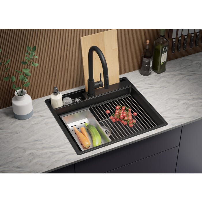 Evier Cuisine en Granit Noir Metallic, 58 x 53 cm, Lavabo 1 bac + Robinet 9700 + Kit de Vidage, Évier à Encastrer de Primagran 3