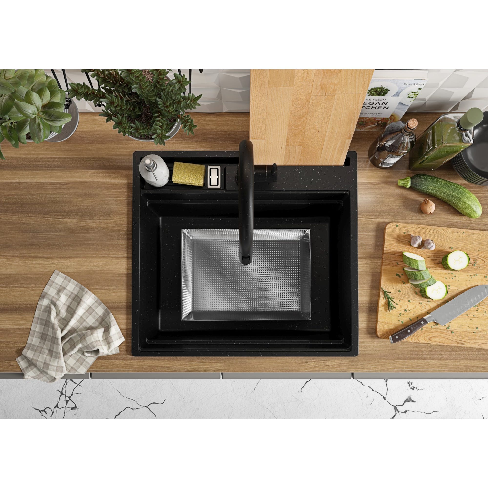 Evier Cuisine en Granit Noir Metallic, 58 x 53 cm, Lavabo 1 bac + Robinet 9700 + Kit de Vidage, Évier à Encastrer de Primagran 8