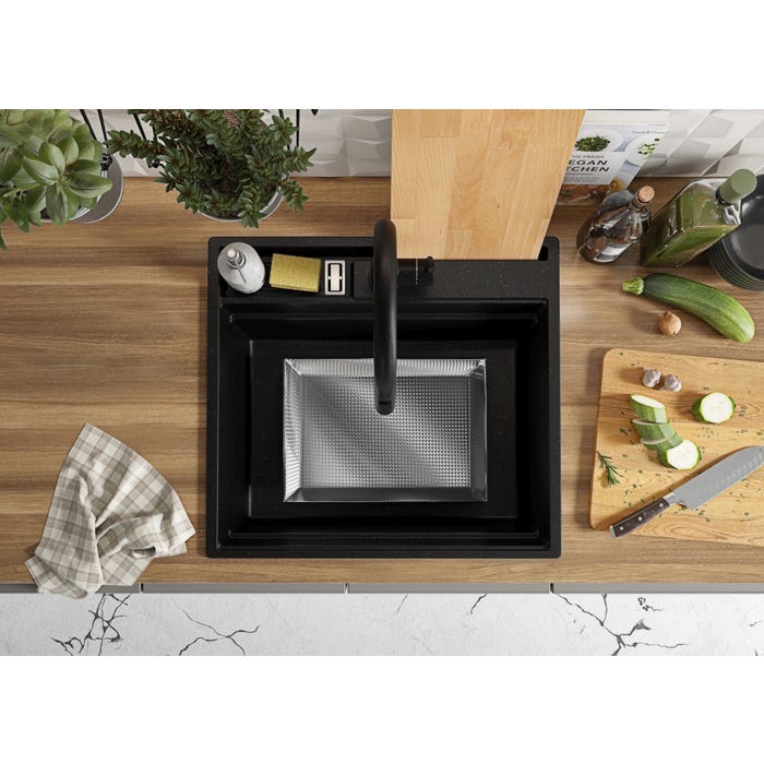 Evier Cuisine en Granit Noir Metallic, 58 x 53 cm, Lavabo 1 bac + Robinet 9700 + Kit de Vidage, Évier à Encastrer de Primagran 8