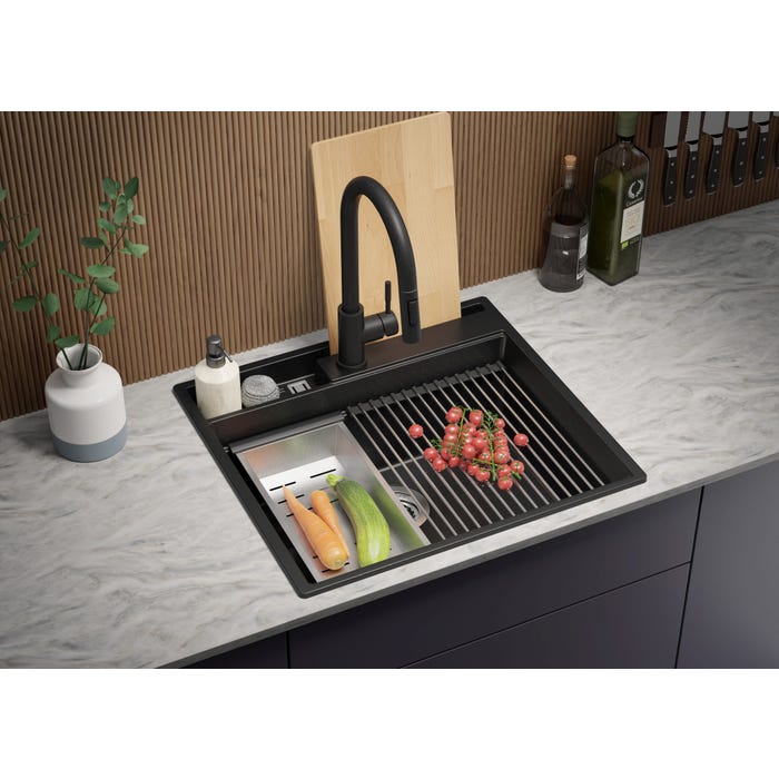 Evier Cuisine en Granit Noir Metallic, 58 x 53 cm, Lavabo 1 bac + Robinet 9700 + Kit de Vidage, Évier à Encastrer de Primagran 2