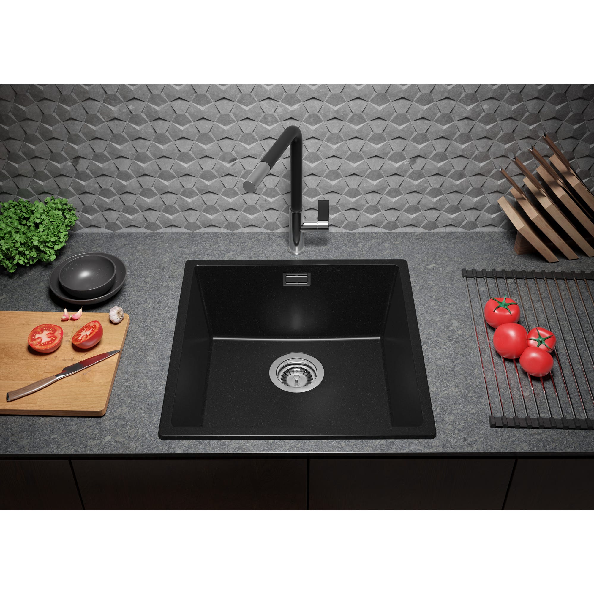 Evier Cuisine Noir, 46 x 47 cm, Evier en Granit 1 bac + Robinet 9700 + Kit de Vidage, Evier a Encastrer de Primagran 2