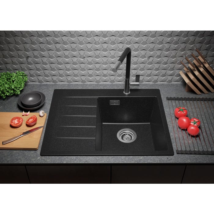 Evier Cuisine en Granit Graphite, 62 x 50 cm, Lavabo 1 bac + Robinet 8000 + Kit de Vidage, Évier à Encastrer de Primagran 3