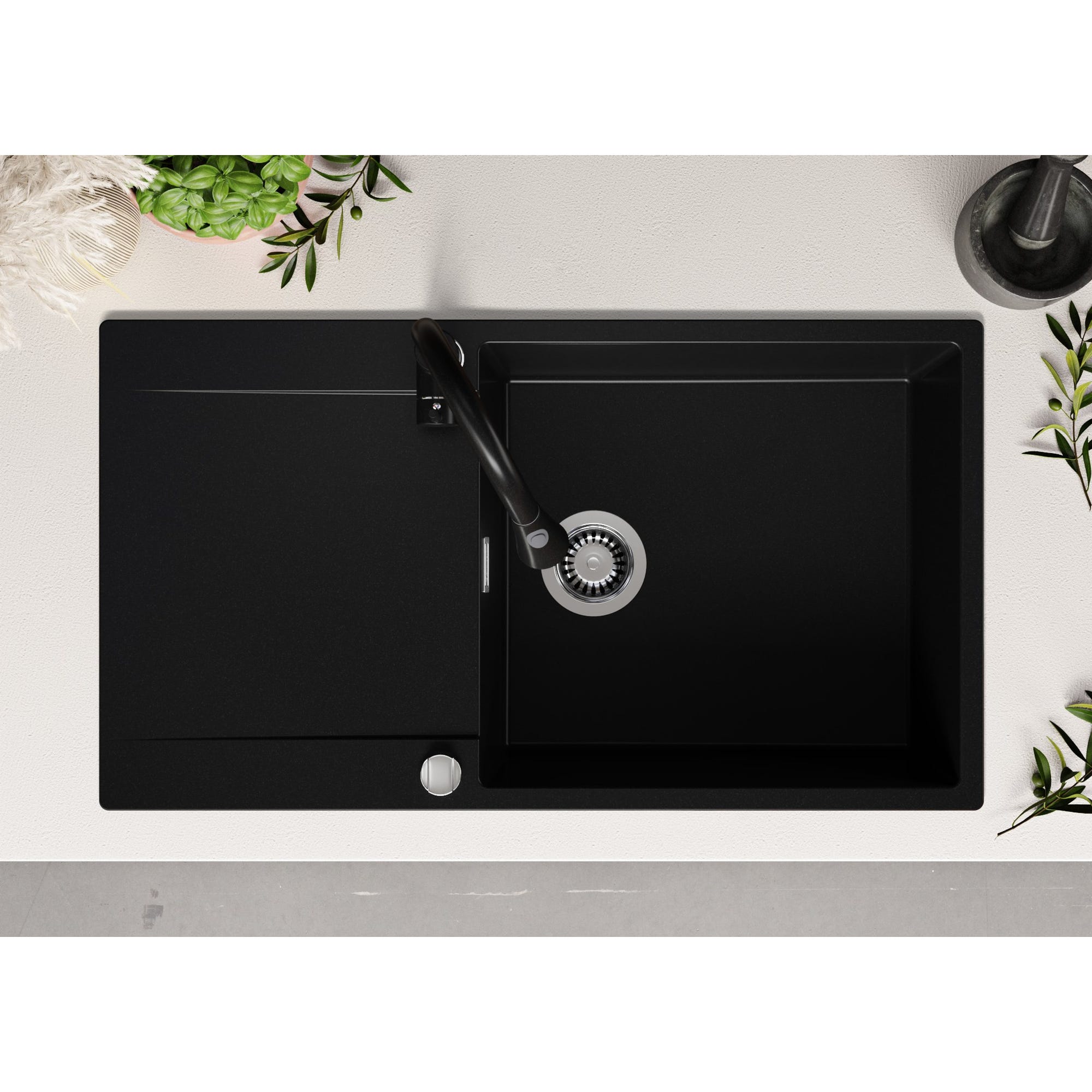 Evier Cuisine en Granit Noir, 90 x 50 cm, Lavabo 1 bac XL + Robinet 5700 + Kit de Vidage, Évier à Encastrer de Primagran 3
