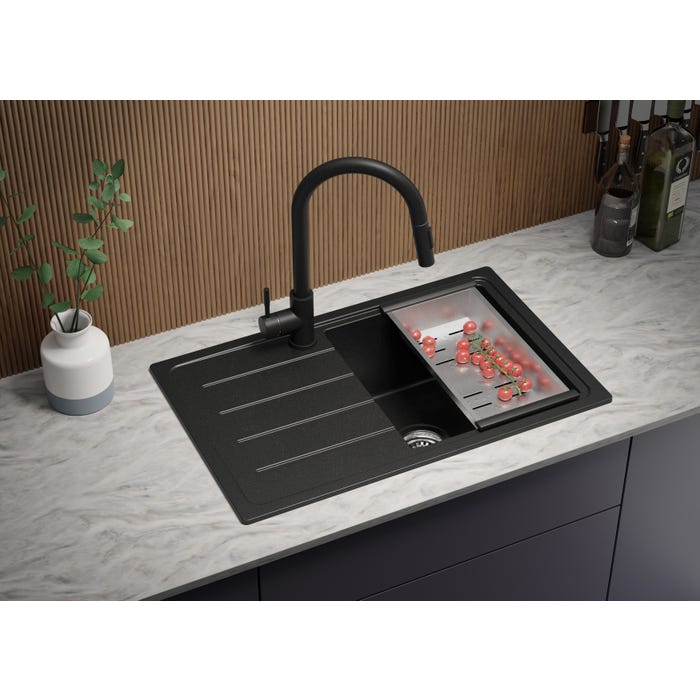 Evier Cuisine en Granit Noir, 70 x 44 cm, Lavabo 1 bac + Robinet 3700 + Kit de Vidage, Évier à Encastrer de Primagran 2