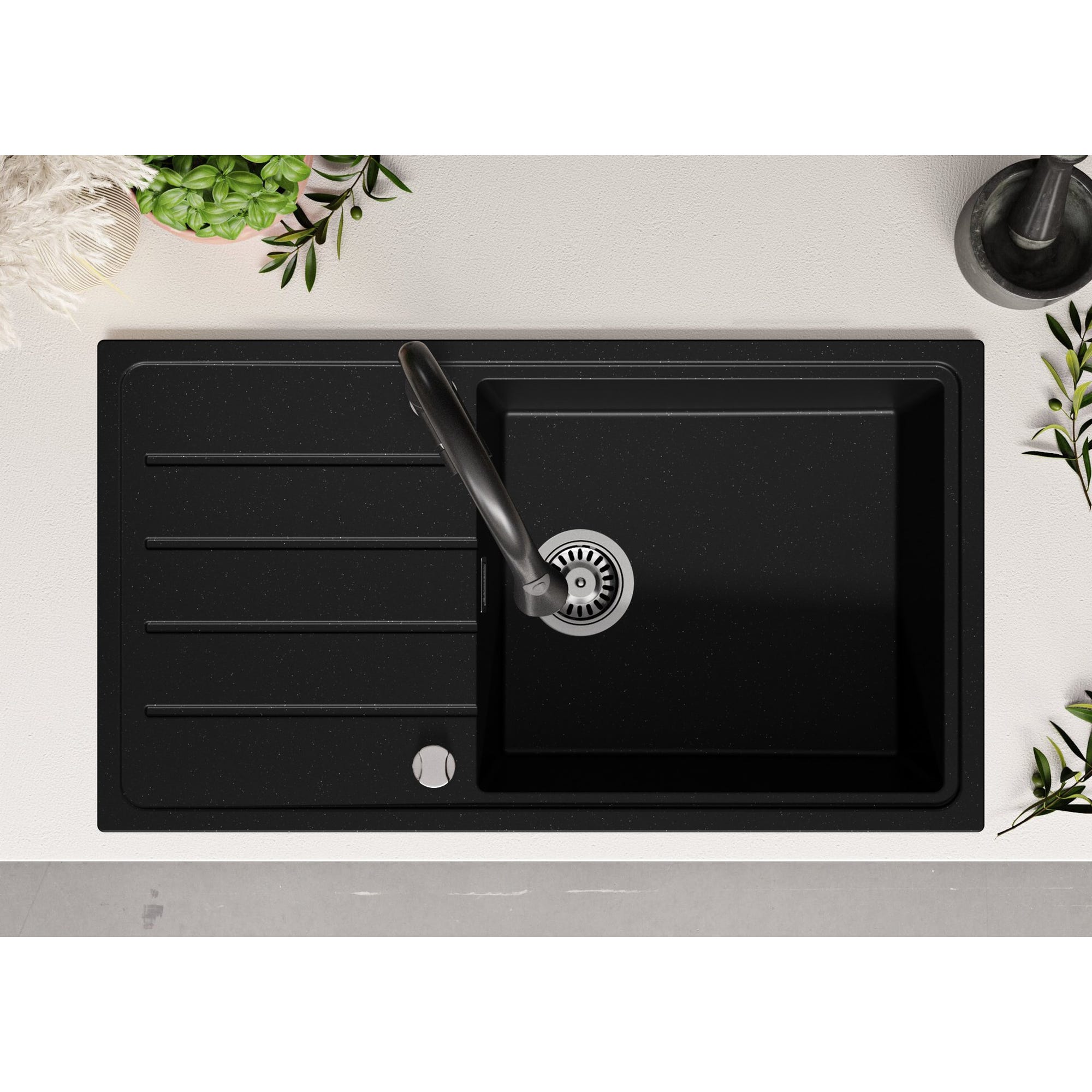 Evier Cuisine en Granit Noir Metallic, 90 x 50 cm, Lavabo 1 bac + Robinet 9700 + Kit de Vidage, Évier à Encastrer de Primagran 8